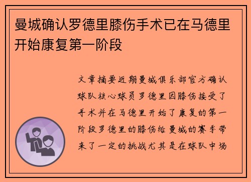 曼城确认罗德里膝伤手术已在马德里开始康复第一阶段 曼城确认罗德里膝伤手术已在马德里开始康复第一阶段